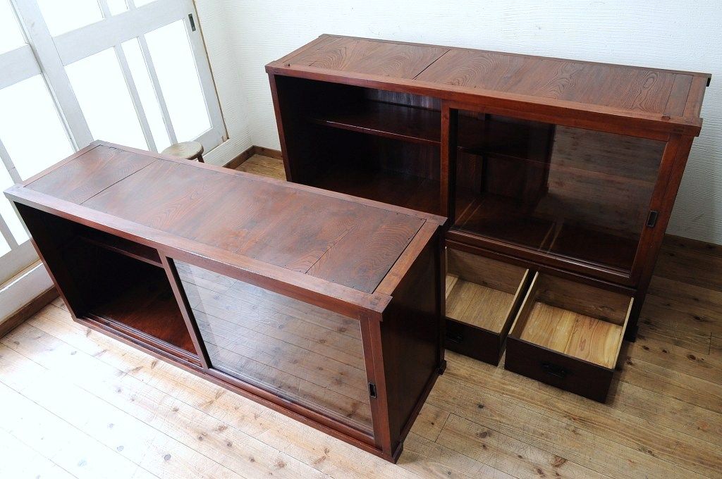 アンティーク家具 総欅!漆の綺麗な二段重ね収納棚 ラフジュ工房