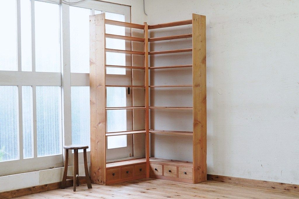 アンティーク家具　古い木味の引き出し付きL型飾り棚