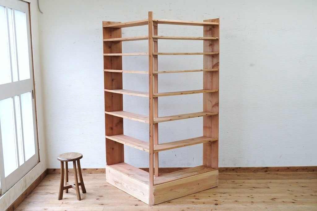 アンティーク家具　古い木味の引き出し付きL型飾り棚