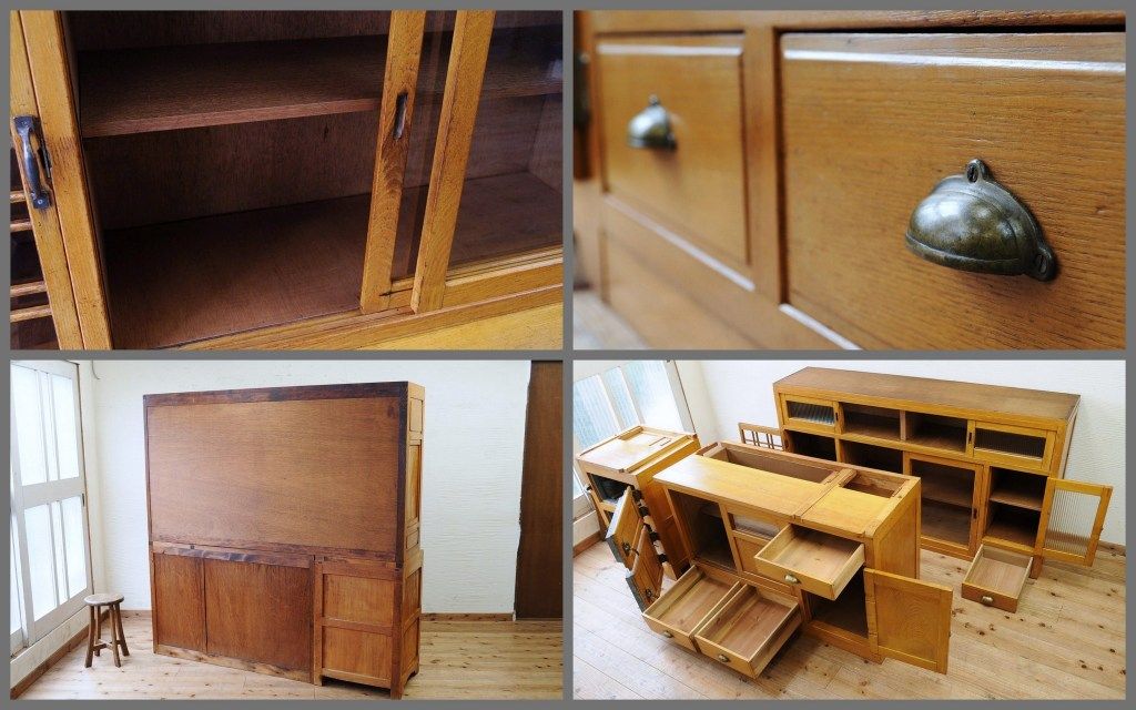 アンティーク家具　◇珍品!古いナラ材の作業台と冷蔵庫のついた特大食器棚