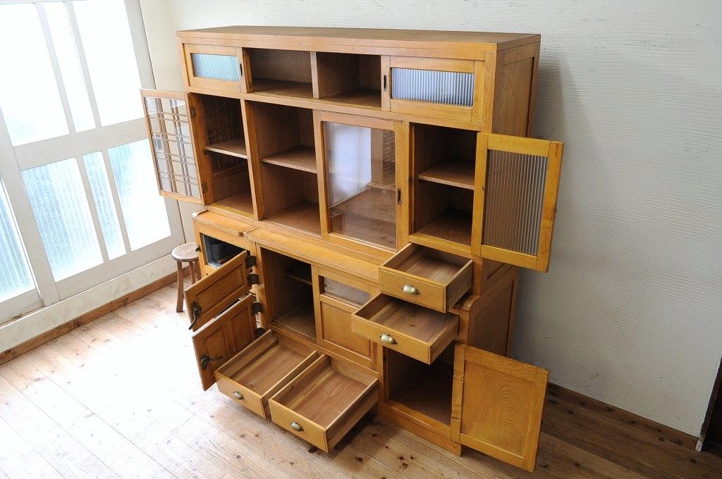 アンティーク家具　◇珍品!古いナラ材の作業台と冷蔵庫のついた特大食器棚