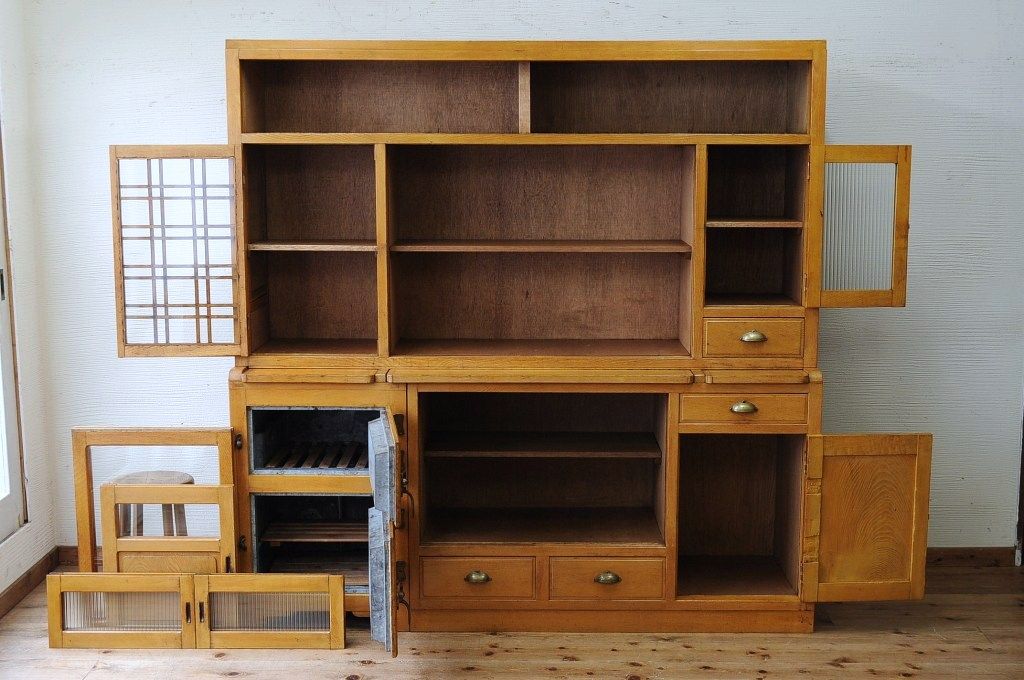 アンティーク家具　◇珍品!古いナラ材の作業台と冷蔵庫のついた特大食器棚