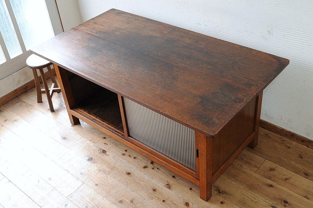 アンティーク家具　古い木のモールガラス作業台