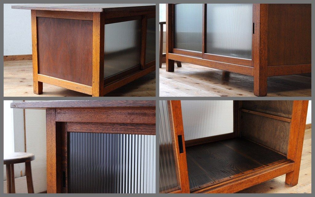 アンティーク家具　古い木のモールガラス作業台