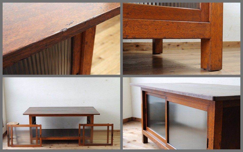 アンティーク家具　古い木のモールガラス作業台