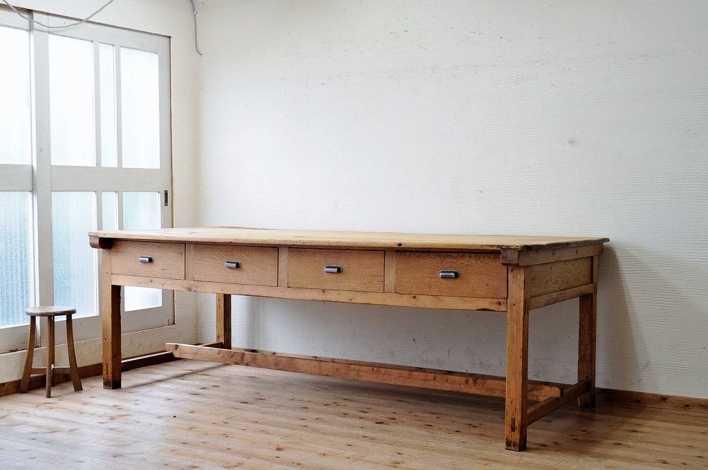 アンティーク家具　◆特大!古い木味の両面引き出し特大作業台