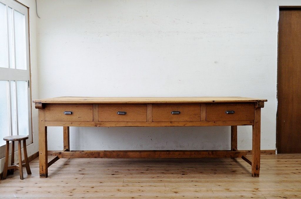 アンティーク家具　◆特大!古い木味の両面引き出し特大作業台