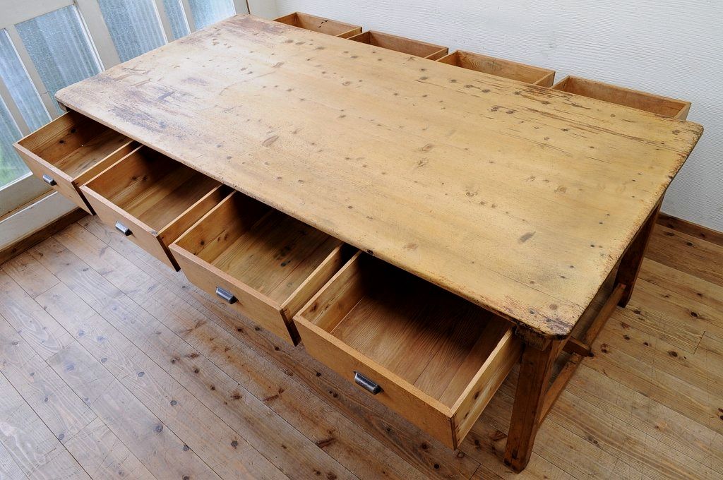 アンティーク家具　◆特大!古い木味の両面引き出し特大作業台