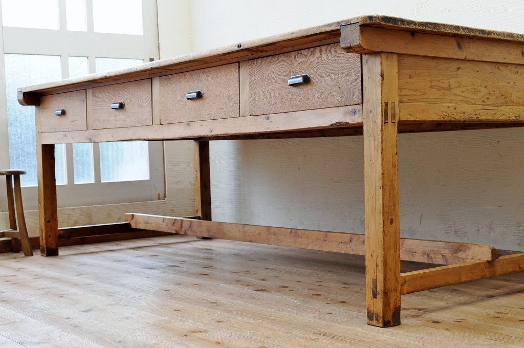 アンティーク家具　◆特大!古い木味の両面引き出し特大作業台