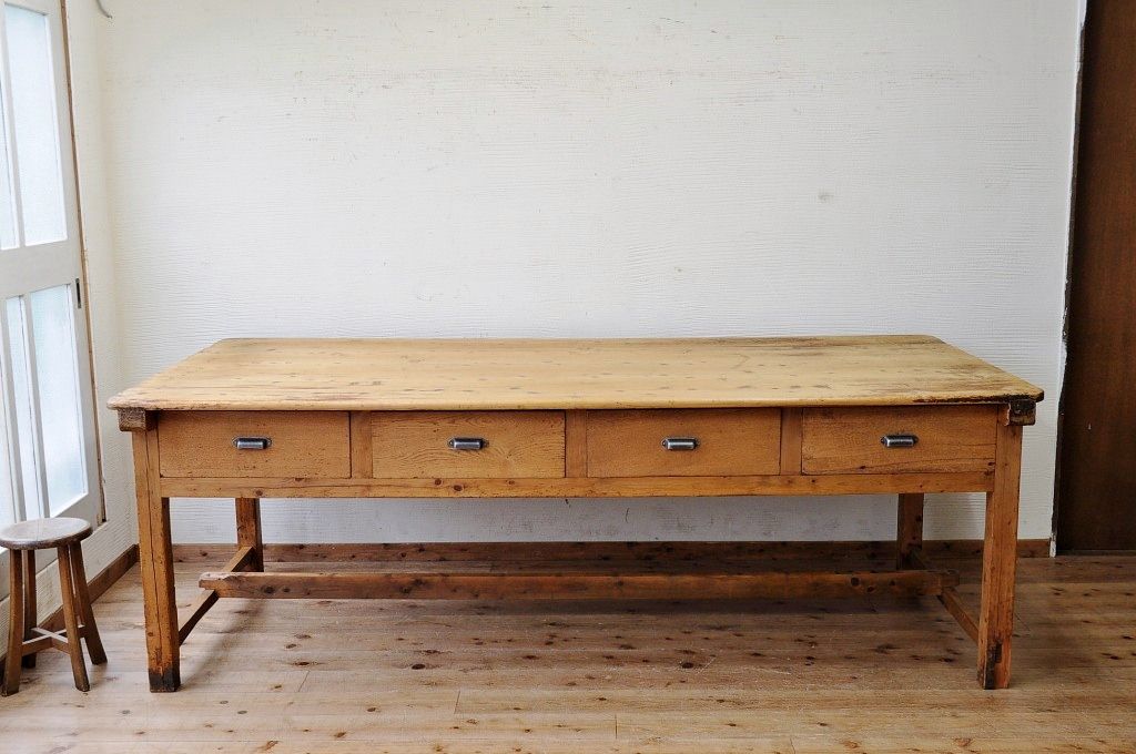アンティーク家具　◆特大!古い木味の両面引き出し特大作業台
