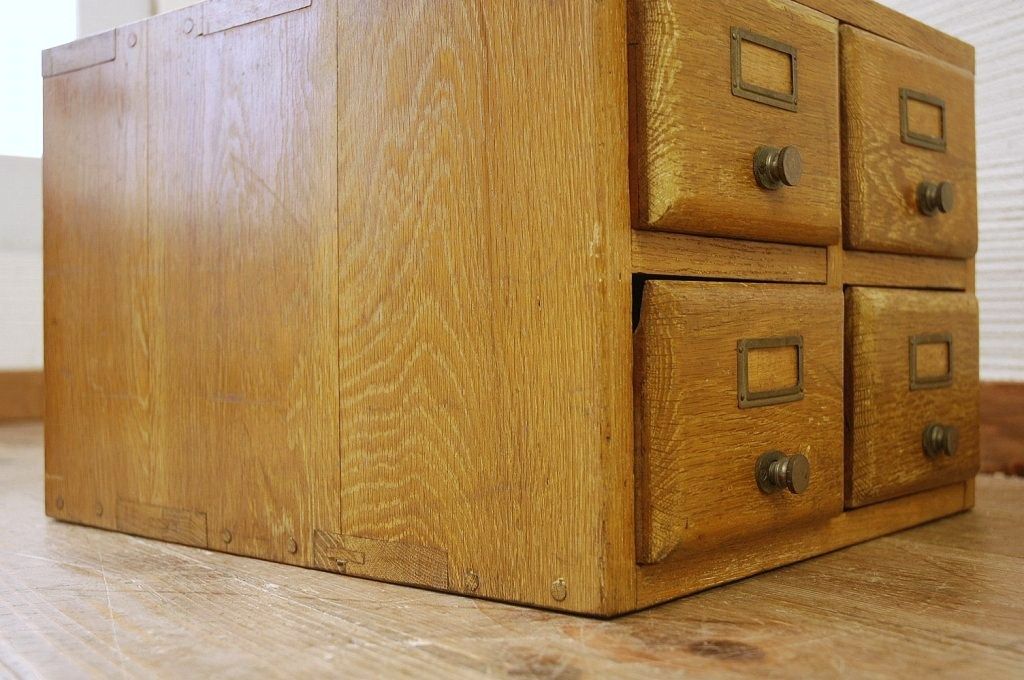 アンティーク家具　古いナラ材の小さなカードケース(図書館、図書室)