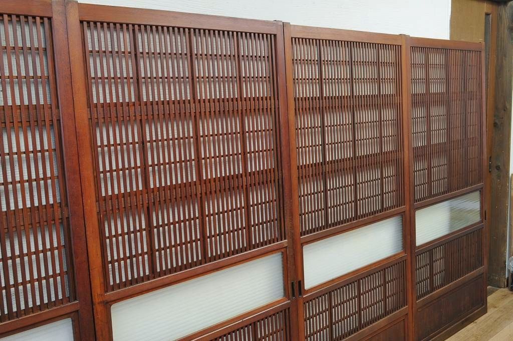 美品!!裏障子付時代格子戸4枚セット(銀モールガラス入)