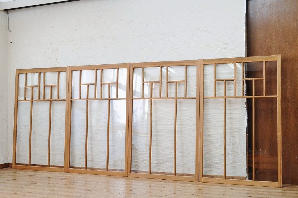 和製アンティーク　古い木味の変わり型ガラス引き戸4枚セット(窓)