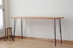 アンティーク家具　☆天板一枚板!古い木の鉄脚作業台5