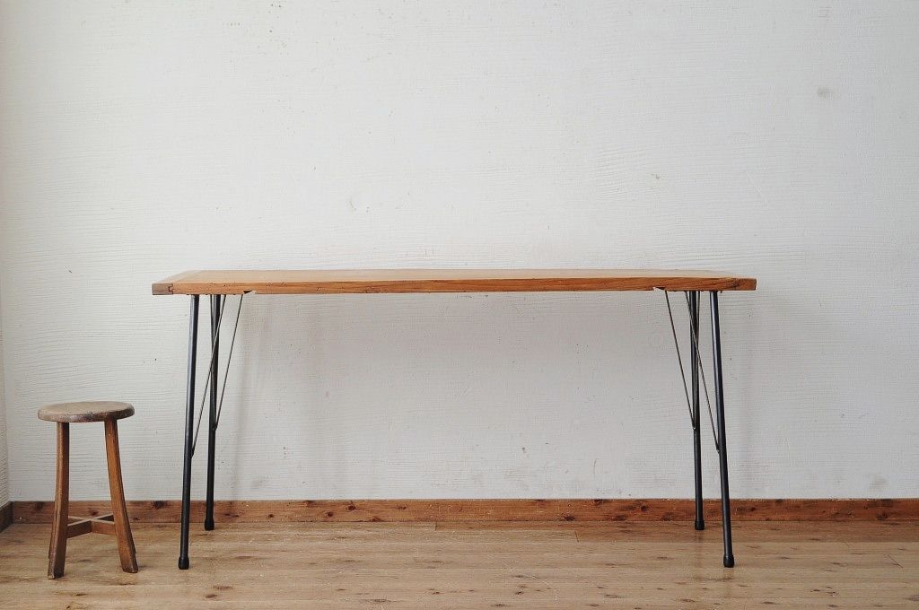 アンティーク家具　☆天板一枚板!古い木の鉄脚作業台5