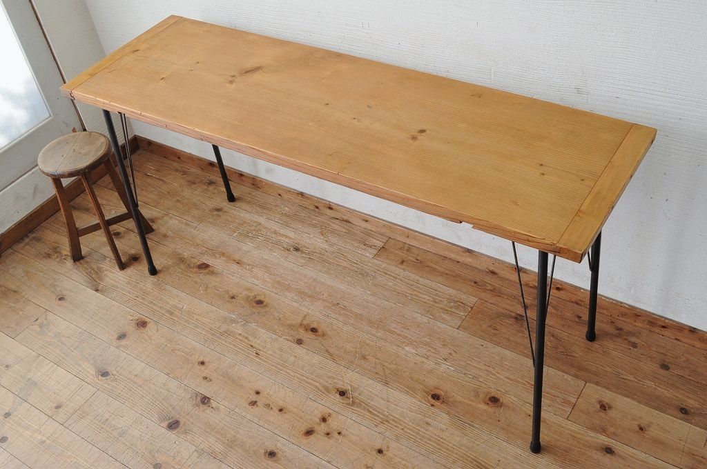 アンティーク家具　☆天板一枚板!古い木の鉄脚作業台5