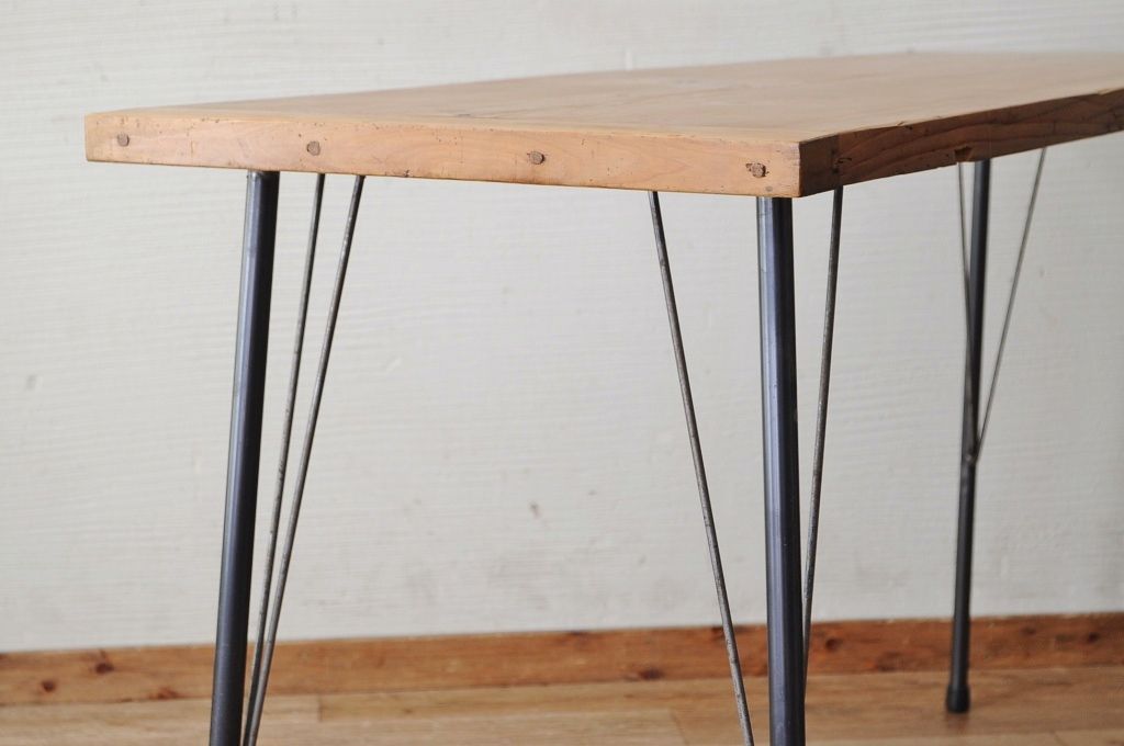 アンティーク家具　☆天板一枚板!古い木の鉄脚作業台5