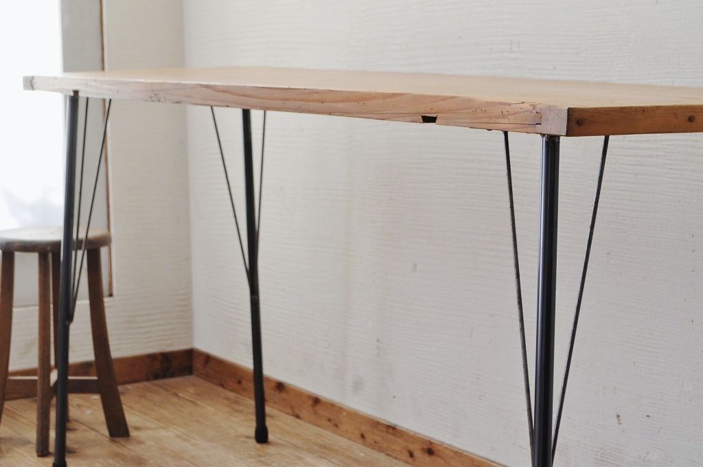 アンティーク家具　☆天板一枚板!古い木の鉄脚作業台5