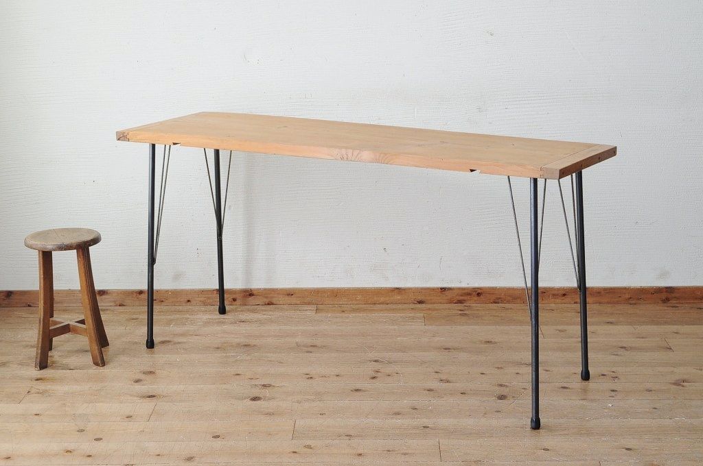 アンティーク家具　☆天板一枚板!古い木の鉄脚作業台5