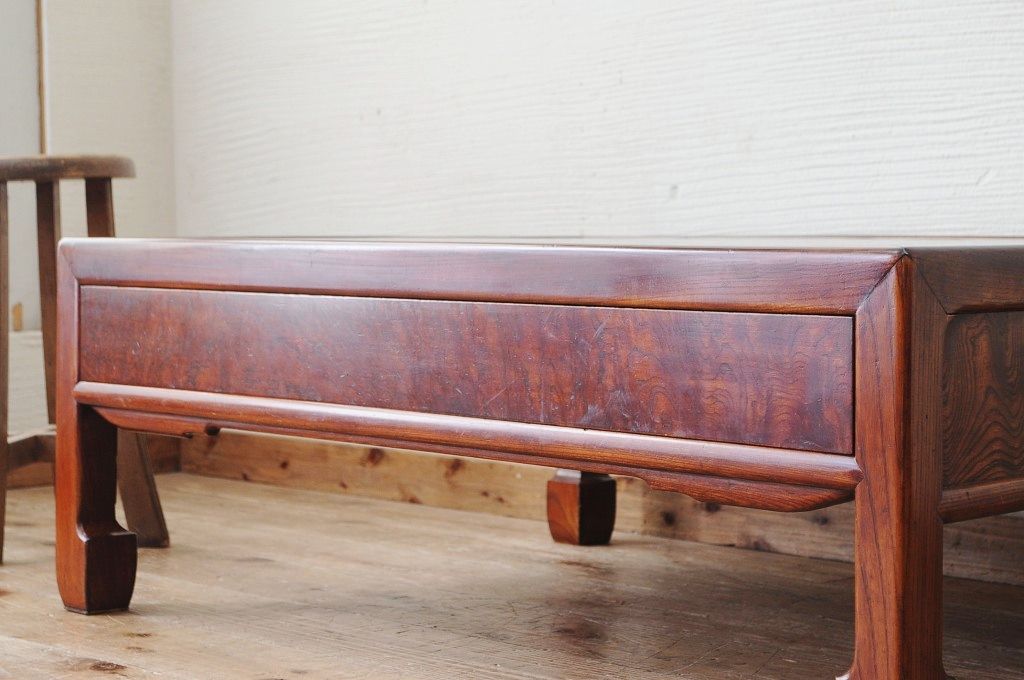 アンティーク家具　総欅材!漆の綺麗な古い玉杢材の引き出し付座卓