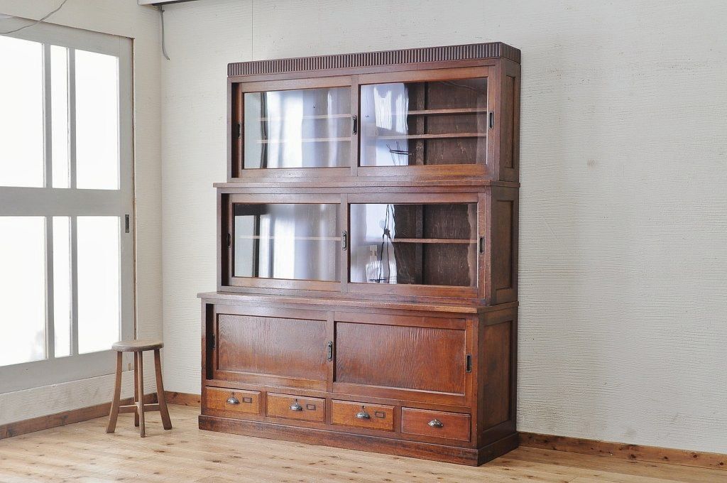 極上美品!古いタモ材の三段重ね収納棚