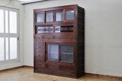 極上美品!モダンな結霜ガラス五尺水屋箪笥