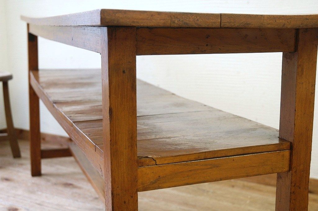 アンティーク家具　★極上!古いナラ材の横長作業台2