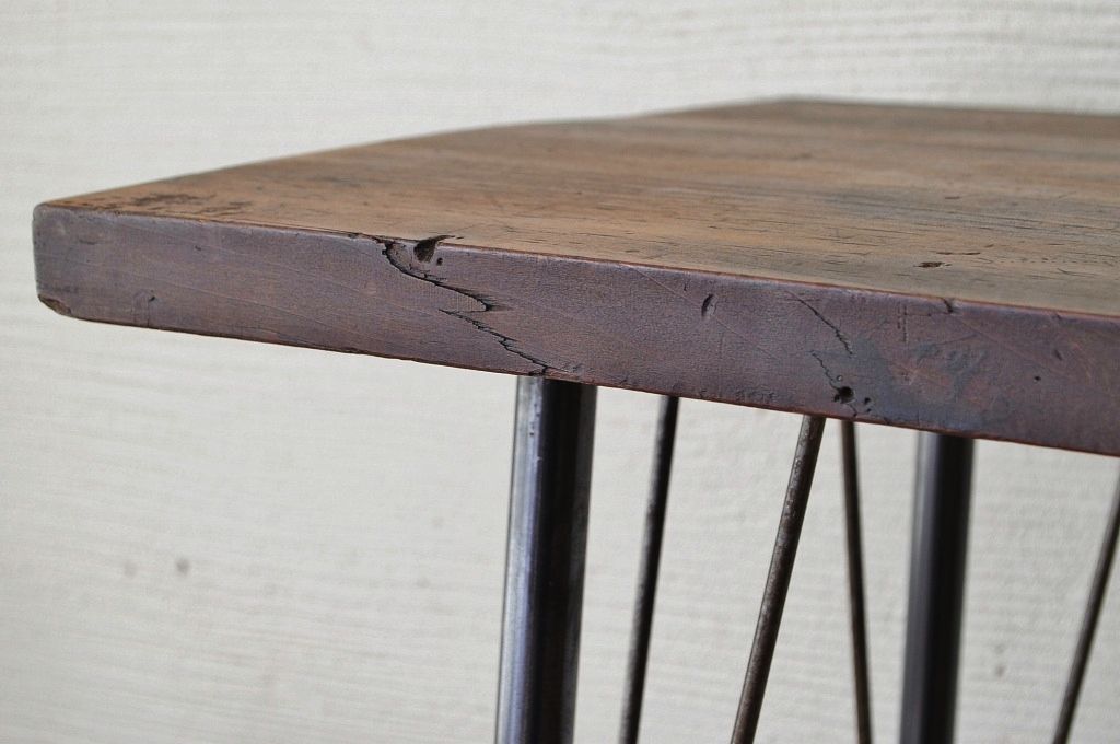 アンティーク家具　☆天板一枚板!古い木の鉄脚作業台1