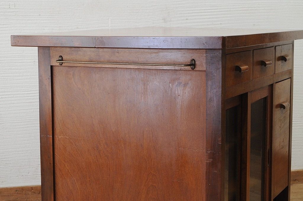 アンティーク家具　古いブナ材のモールガラスキッチンテーブル(作業台)