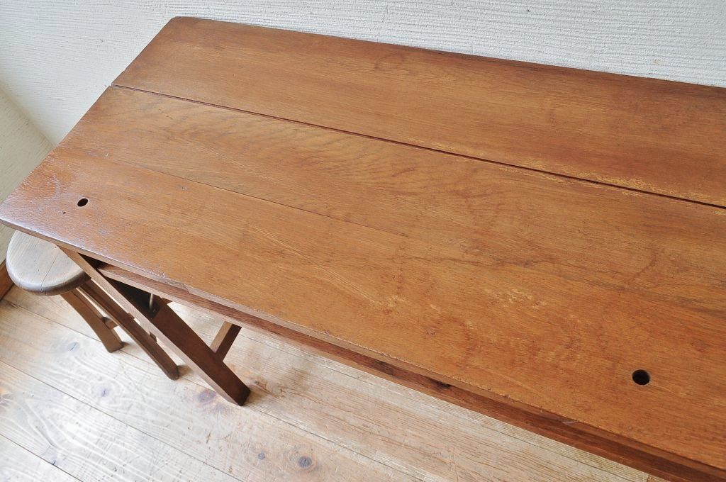アンティーク家具　古いナラ材の横長作業台(机)2