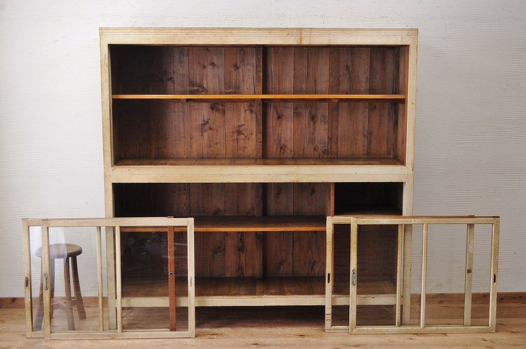 アンティーク家具　古いペイントの大きな重ね収納棚