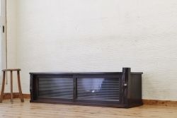 アンティーク家具　天板一枚板!古い木のモールガラスローボード(置き床)