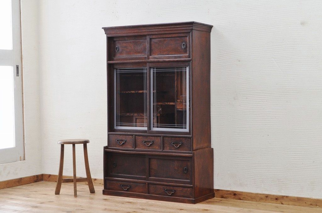 アンティーク家具　最高級!古い欅材黒柿縁の茶箪笥