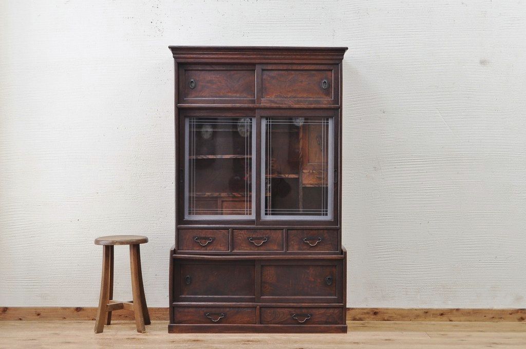 アンティーク家具　最高級!古い欅材黒柿縁の茶箪笥