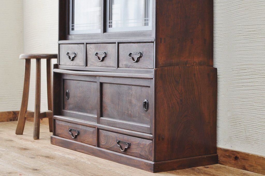 アンティーク家具　最高級!古い欅材黒柿縁の茶箪笥