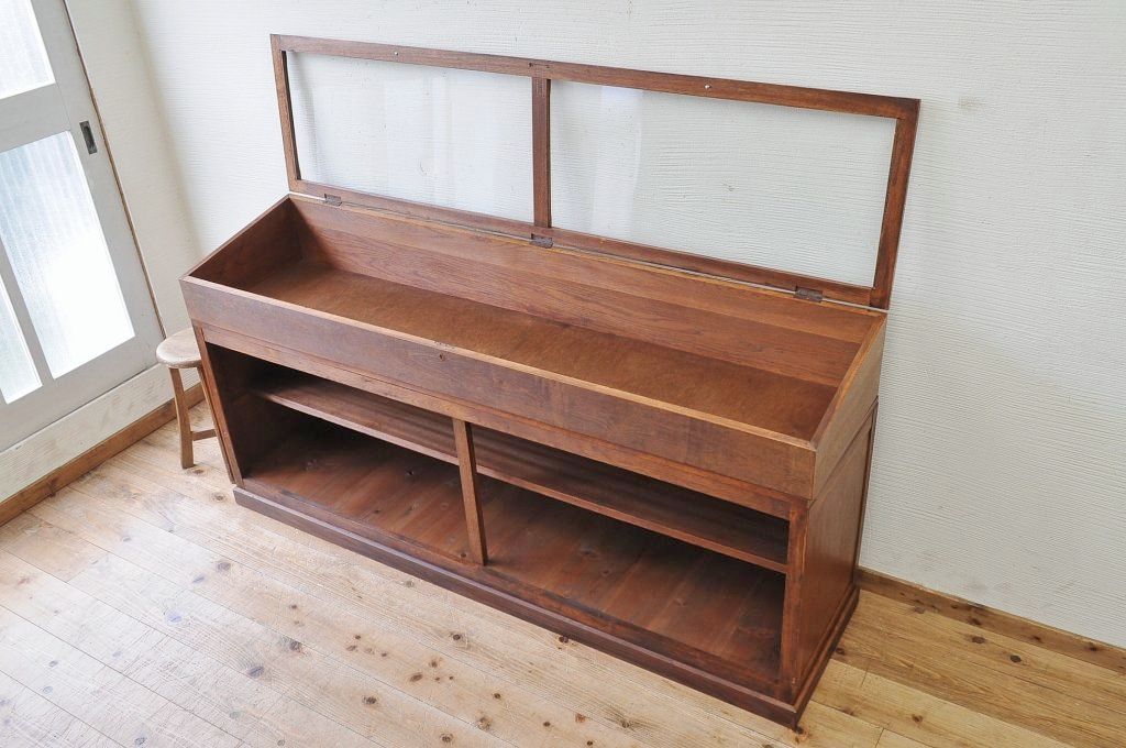 アンティーク家具　極上!古いナラ材の上開きガラスケース
