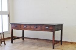 アンティーク家具　古い木の大きな両面引き出し付作業台(テーブル)