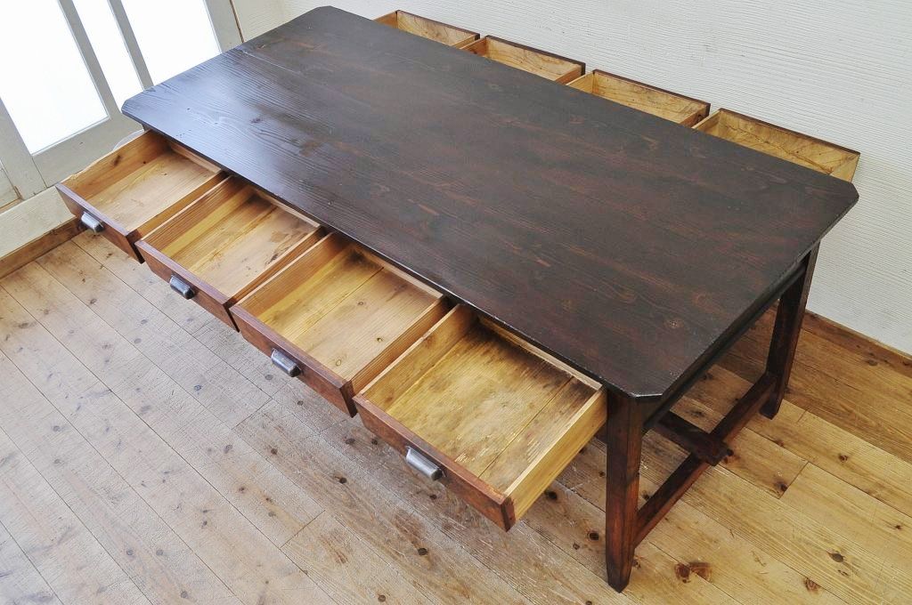アンティーク家具　古い木の大きな両面引き出し付作業台(テーブル)