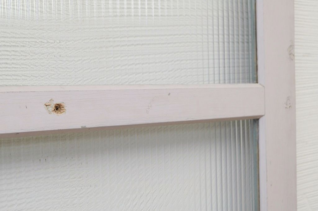 ペンキの剥げた大振りなモールガラス両開きドア(扉)一対