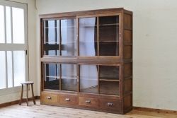 アンティーク家具　古いナラ材の大きな二段重ね収納棚(飾り棚・食器棚)