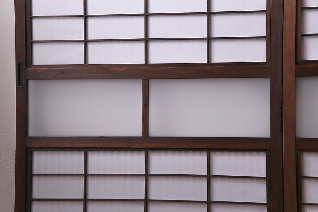 昭和初期　裏障子付き　和の繊細な雰囲気が漂う帯格子戸4枚セット(引き戸、ガラス戸)(R-030387)