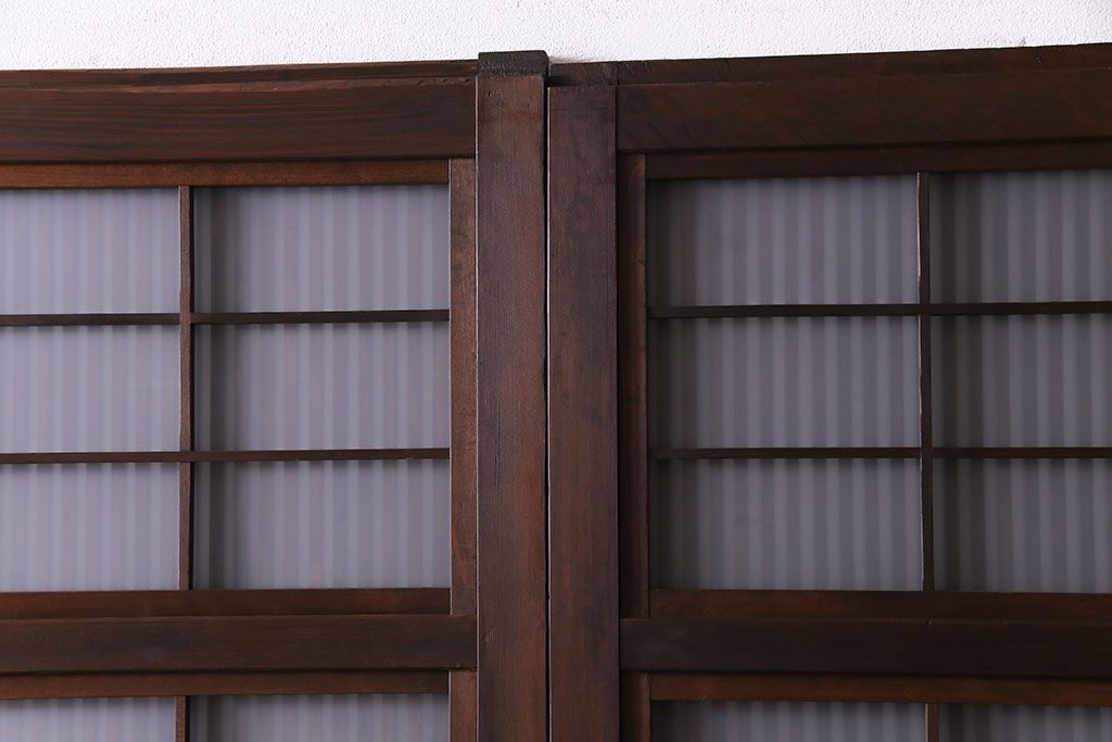 昭和初期　板ガラス裏障子留め　オリジナルガラス　市松模様のガラスがモダンな印象のガラス帯戸4枚セット(ガラス戸、引き戸、帯戸)(R-030389)