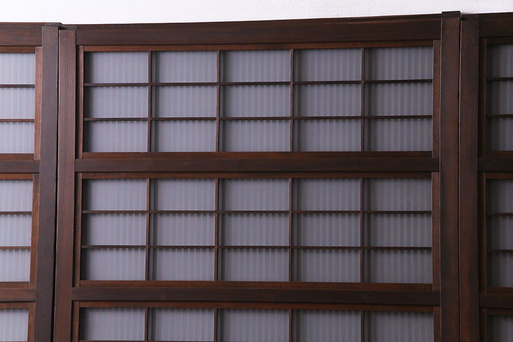 昭和初期　板ガラス裏障子留め　オリジナルガラス　市松模様のガラスがモダンな印象のガラス帯戸4枚セット(ガラス戸、引き戸、帯戸)(R-030389)