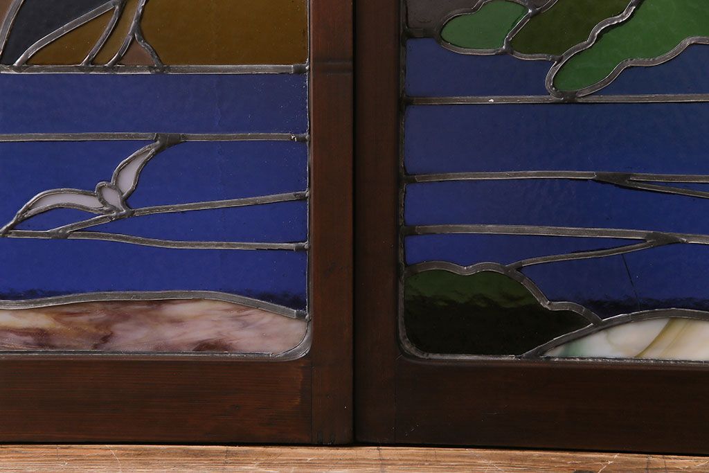 激レア品!　大正昭和初期　当時もの色ガラス　松原を描いたステンドグラス引き戸(ガラス戸、建具)