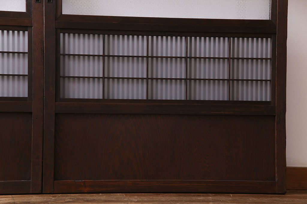 大正昭和初期　板ガラス裏障子留め　オリジナル花ガラスの入ったレトロな帯戸(ガラス帯戸、ガラス戸、引き戸、建具)2枚組