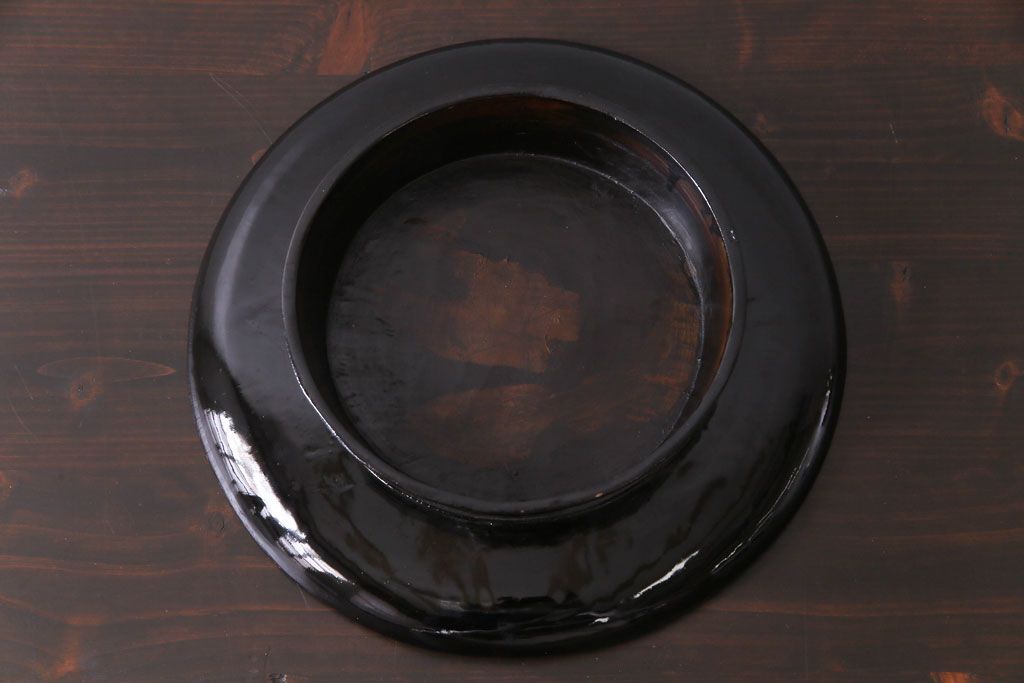 和製アンティーク　会津漆器　朱赤の漆塗りが美しい高台付き丸盆(丸膳)(3)