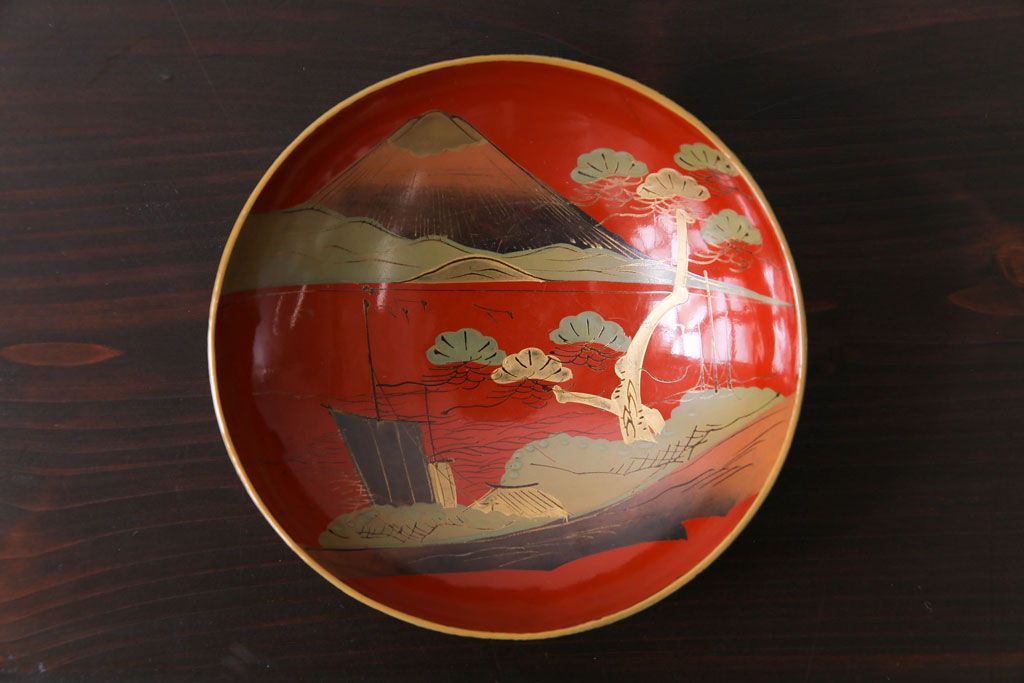 和製アンティーク　鉄錆蒔絵　赤富士の図　和モダンな蓋付椀(漆器)6客セット