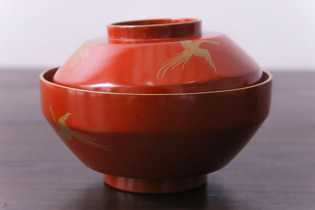 アンティーク　大正昭和初期　鳳凰　朱塗り木製碗3客セット(漆器)