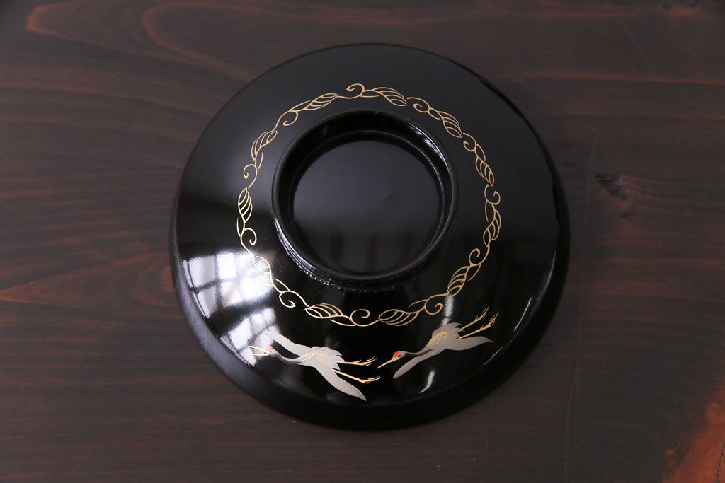 和製アンティーク　大正昭和初期　黒塗りに描かれた鶴が上品な木製碗6客セット(漆器)