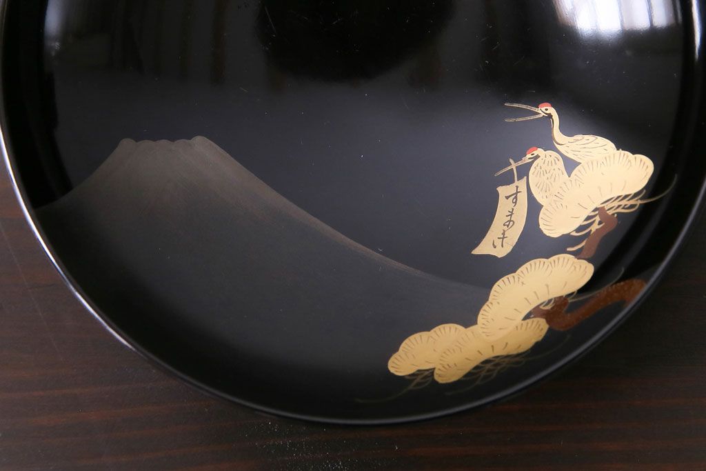 和製アンティーク　大正昭和初期　黒塗りに描かれた鶴が上品な木製碗6客セット(漆器)